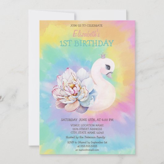 ウォーターカラーの白鳥と花のタイダイ 誕生日 招待状 (正面)
