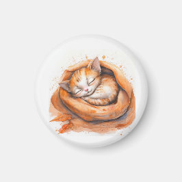 ウォーターカラーの眠り猫、ほっこり秋のアート マグネット