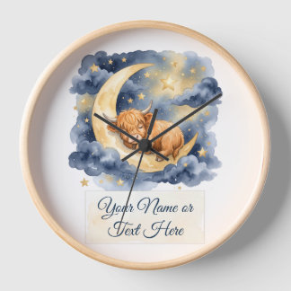 ウォーターカラーの眠るハイランド仔牛と三日月 壁時計