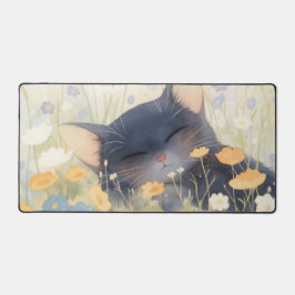 ウォーターカラーの眠れる黒猫とパステルカラーの野の花 デスクマット