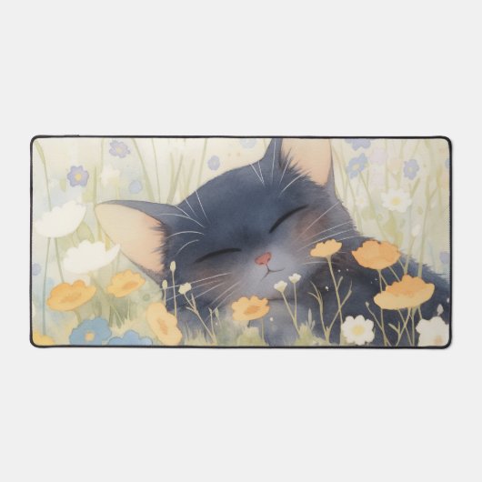 ウォーターカラーの眠れる黒猫とパステルカラーの野の花 デスクマット (正面)