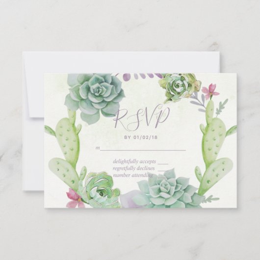 ウォーターカラーの砂漠サボテン多肉植物の結婚式RSVP 出欠カード (正面)