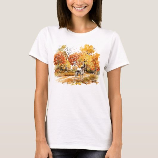 ウォーターカラーの秋の犬デザイン - ジャーマンポインター Tシャツ (正面)