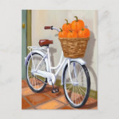 ウォーターカラーの秋の自転車のかごのカボチャ シーズンポストカード (正面)