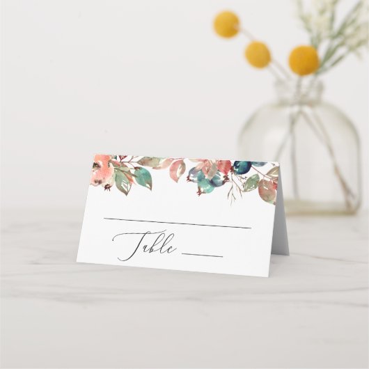 ウォーターカラーの秋の花の庭の結婚式。ブルーベリー プレイスカード (正面)