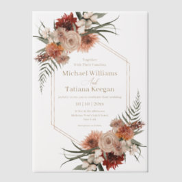 ウォーターカラーの秋の花テラコッタの結婚式スタイリッシュ ベラム紙招待状