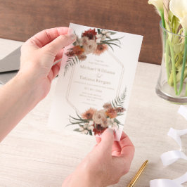 ウォーターカラーの秋の花テラコッタの結婚式スタイリッシュ ベラム紙招待状