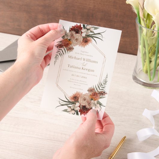 ウォーターカラーの秋の花テラコッタの結婚式スタイリッシュ ベラム紙招待状 (ポータブル)