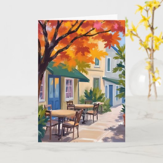 ウォーターカラーの紅葉が美しい秋のカフェ カード (黄色い花)
