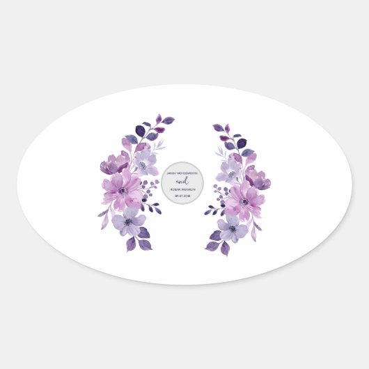 ウォーターカラーの紫の花のブーケ 楕円形シール (正面)