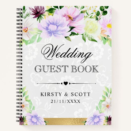 ウォーターカラーの紫色のクリーム色の花の結婚式ゲストブック ノートブック (正面)