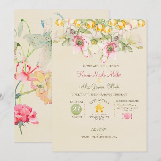 ウォーターカラーの結婚式オールインワン ピンク グリーン イエロー 招待状 (正面/裏面)