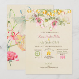 ウォーターカラーの結婚式オールインワン ピンク グリーン イエロー 招待状