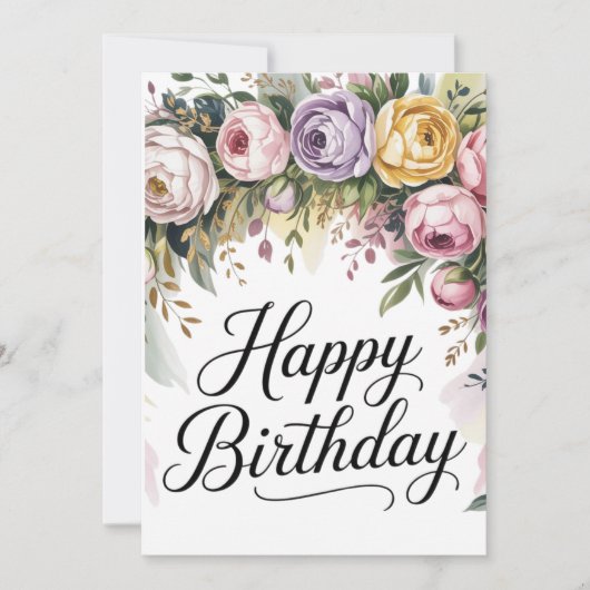 ウォーターカラーの花々が描かれたエレガントなフラワー誕生日カード シーズンカード (正面)