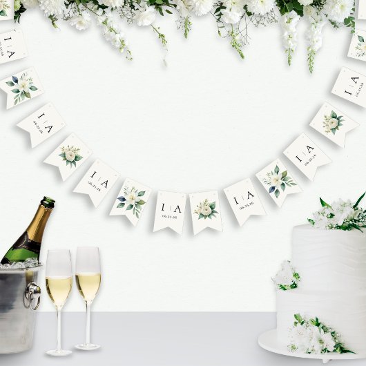 ウォーターカラーの花とイニシャル+結婚式の日付カスタム バンティングフラッグ