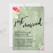 ウォーターカラーの花とグリーンウッドのJust Marriedデザイン 招待状 (正面)
