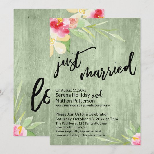 ウォーターカラーの花とグリーンウッドのJust Marriedデザイン 招待状 (正面/裏面)