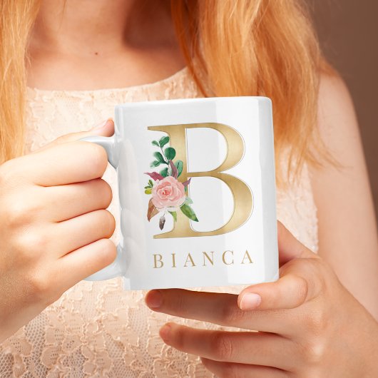ウォーターカラーの花とゴールドのイニシャルBモノグラム コーヒーマグカップ