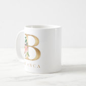 ウォーターカラーの花とゴールドのイニシャルBモノグラム コーヒーマグカップ (正面左)