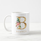 ウォーターカラーの花とゴールドのイニシャルBモノグラム コーヒーマグカップ (左)