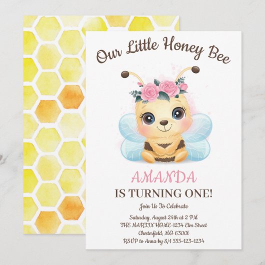 ウォーターカラーの花とミツバチの誕生日パーティー 招待状 (正面/裏面)