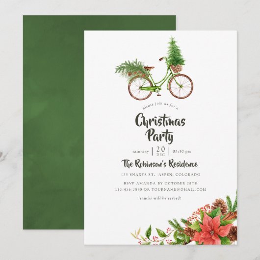 ウォーターカラーの花と自転車のクリスマスパーティー 招待状 (正面/裏面)