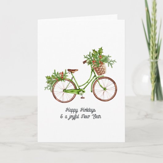 ウォーターカラーの花と自転車のクリスマス家族写真 シーズンカード (正面)
