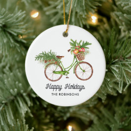 ウォーターカラーの花と自転車のクリスマス セラミックオーナメント