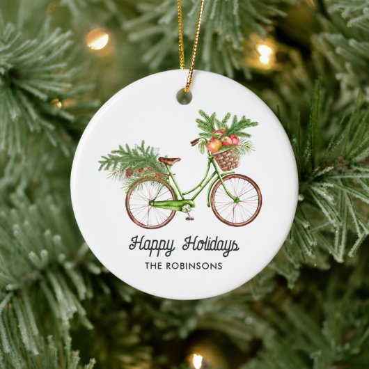 ウォーターカラーの花と自転車のクリスマス セラミックオーナメント (ツリー)