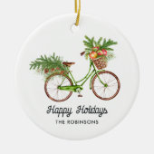 ウォーターカラーの花と自転車のクリスマス セラミックオーナメント (正面)