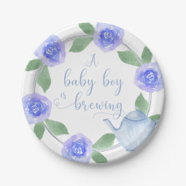 ウォーターカラーの花と「Baby Boy is Brewing」の文字デザイン 男の子のバースデー・ ペーパープレート
