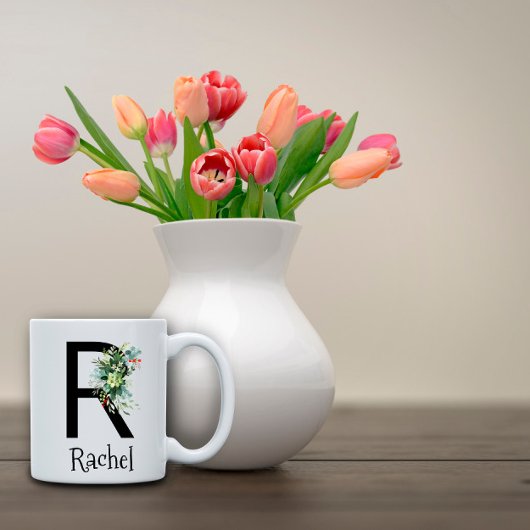 ウォーターカラーの花のモノグラム 退職記念 コーヒーマグ コーヒーマグカップ
