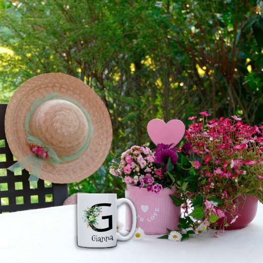 ウォーターカラーの花のモノグラム 退職記念 コーヒーマグ コーヒーマグカップ