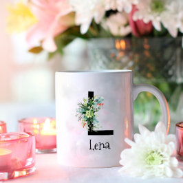 ウォーターカラーの花のモノグラム 退職 コーヒーマグ コーヒーマグカップ