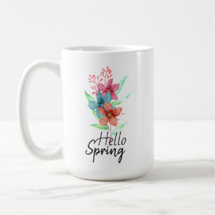 ウォーターカラーの花の春コーヒーマグカップ "Hello Spring" コーヒーマグカップ