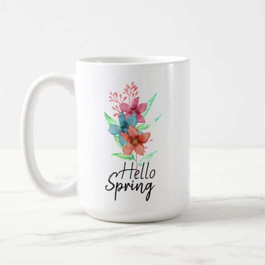ウォーターカラーの花の春コーヒーマグカップ "Hello Spring" コーヒーマグカップ (左)