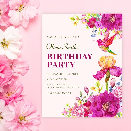 ウォーターカラーの花の鳥の誕生日 招待状