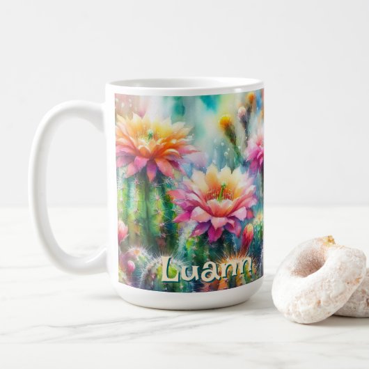 ウォーターカラーの花咲く多肉植物 サボテンのオーダーメイド コーヒーマグカップ (ドーナツ)