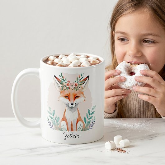 ウォーターカラーの花柄のキツネの名前入り コーヒーマグカップ