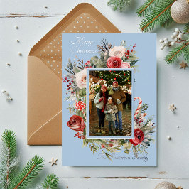 ウォーターカラーの花柄のメリークリスマスフォト 箔シーズンカード
