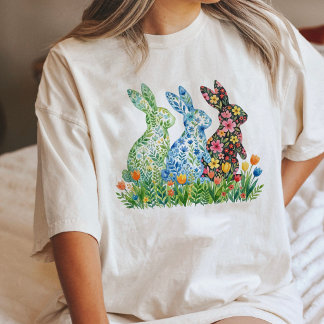ウォーターカラーの花柄ウサギ スプリング イースター アート トライブレンドＴシャツ