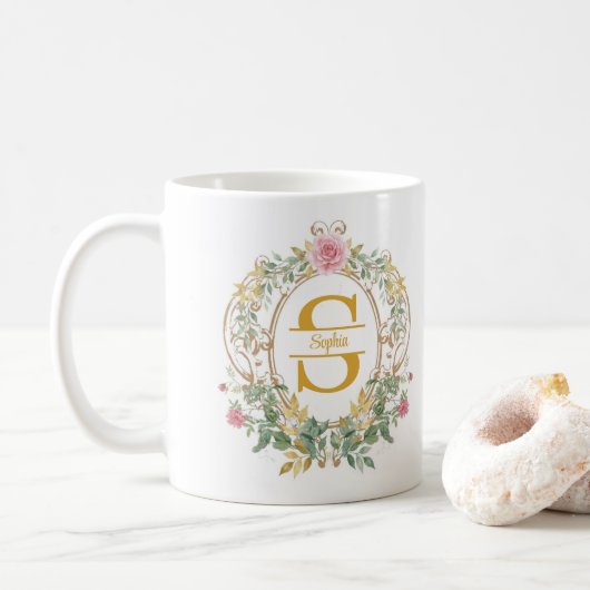 ウォーターカラーの花輪とゴールドのイニシャルモノグラム コーヒーマグカップ (ドーナツ)