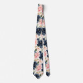 ウォーターカラーの花 ネイビーブルー ブルッシュピンクのバラ ネクタイ (正面)