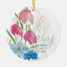 ウォーターカラーの花 ブルー+ピンク セラミックオーナメント