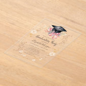ウォーターカラーの草原の花と卒業帽のカープリント アクリル招待状 (レイダウン)