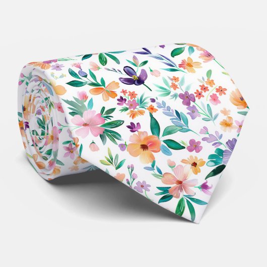 ウォーターカラーの草原の花柄 ネクタイ (ロール)