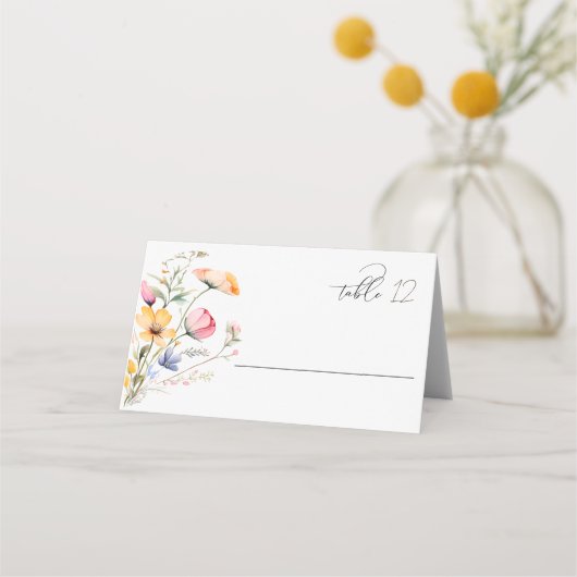 ウォーターカラーの草原の野の花の結婚式テーブル プレイスカード (正面)