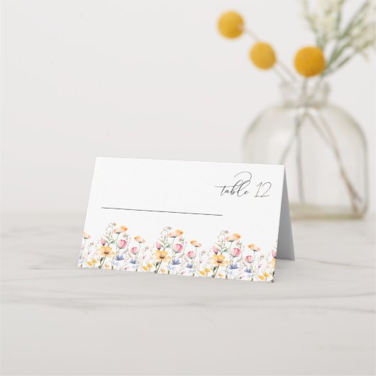 ウォーターカラーの草原の野の花の結婚式テーブル プレイスカード (正面)