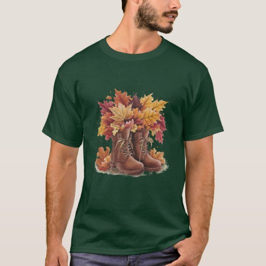 ウォーターカラーの落ち葉が可愛いオータムブーツ Tシャツ (正面)