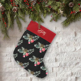 ウォーターカラーの葉とグリーンに赤いベルをあしらった北欧風デザイン ラージクリスマスストッキング